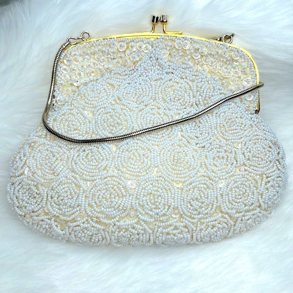 Mid Century Vintage Beaded Sequin Kisslock Evening Handbag Snake Chain Purse - Picture 6 of 16